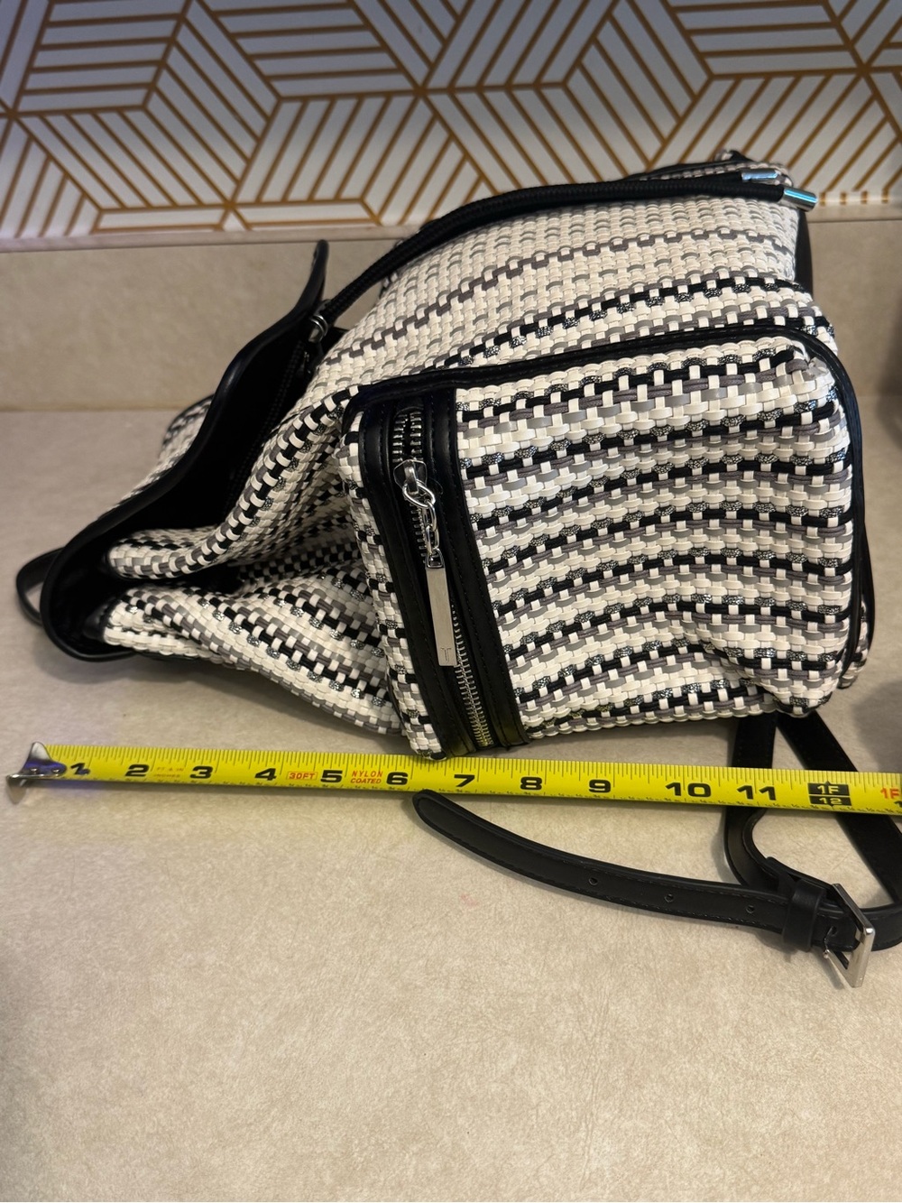 NWOT Ted Baker Allizza Black & Cream w/metallic silver woven Stripe Backpack - Picture 5 of 8